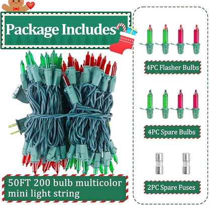 Red and Green Christmas Lights Outdoor, 50FT 200 Count Incandescent Mini Christmas Lights Green Wire, Waterproof Fairy Lights, Connectable Xmas String Lights for Christmas Tree, Garland, Wedding Decor