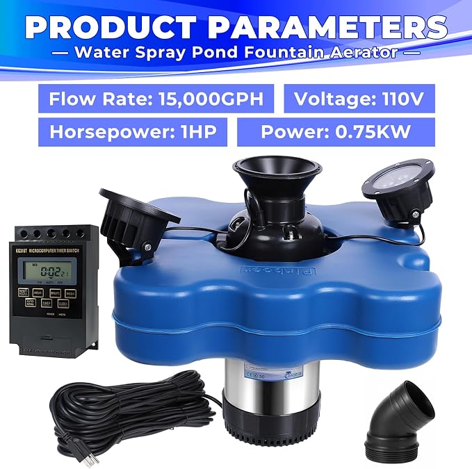 Pond Fountain Aerator with Lights,Floating Fountain for Outdoor Large Ponds | AC110V 1HP 750W with 15000 GPH RGB Light Aeration Aerating Fountain Pump for Outdoor Ponds & Lakes with 15A/100FT Power Cord
