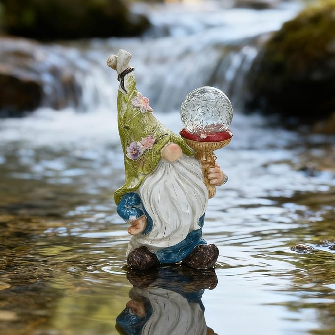 Garden Gnome Solar Light StatueOutdoor Decorative Statue | Gnome With Crackle Glass Globe, Blue & White Floral Design, Waterproof LED Yard Art for Patio, Lawn, Garden,Gift for Women
