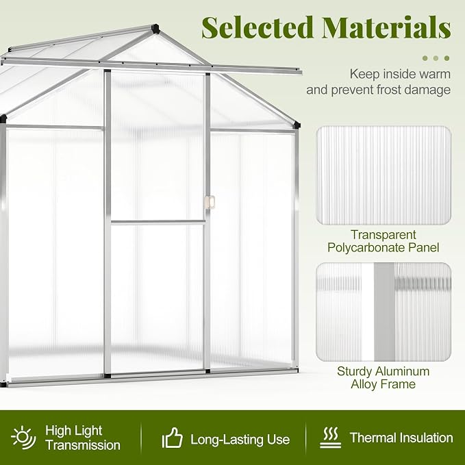 Happygrill Greenhouse, 6 x 6 x 6.5 FT Outdoor Polycarbonate Greenhouse w/ Sliding Door, Adjustable Roof Vent, Rain Gutter, Heavy-Duty Aluminum Greenhouses for Outdoors, Garden,Backyard, Patio, Lawn
