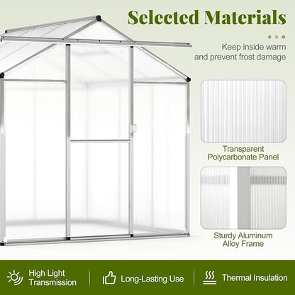 Happygrill Greenhouse, 6 x 6 x 6.5 FT Outdoor Polycarbonate Greenhouse w/ Sliding Door, Adjustable Roof Vent, Rain Gutter, Heavy-Duty Aluminum Greenhouses for Outdoors, Garden,Backyard, Patio, Lawn