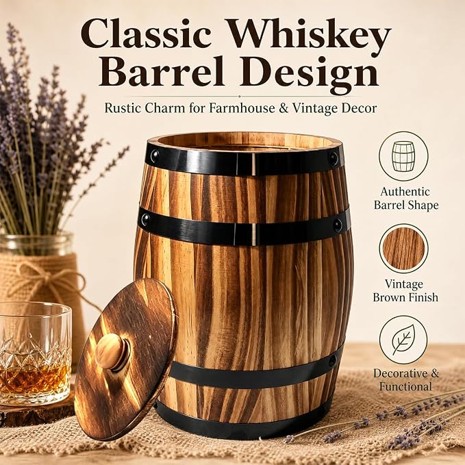 Sunmuliiiy1Pcs Wood Wine Barrel Vase 8" x 6.5" Rustic Wooden Flower Vase Rustic Barrel Barrel Planter for Wedding Reception Table Decoration Home Indoor Outdoor Garden, Kitchen, Party Table Decoration