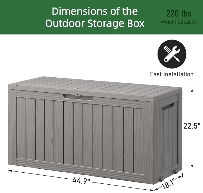 Outdoor Storage Box, 80 Gallon Resin Waterproof Deck Box with 4 Wheels and Lockable Lid for Patio Furniture, Outdoor Cushions, Garden Tools, Grey