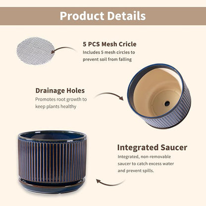 SURE YUESI Ceramic Plant Pots Set of 3, Indoor Outdoor Planters with Drainage Hole and Saucer, Ceramic Flower Pots for Indoor Plants, 4.3+5.5+6.8 Inch, Home, Garden, Patio and Office, Glossy Blue