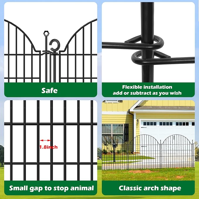 5 Panels Decorative Metal Garden Fence with Gate, 24in (H) x 10ft (L) No Dig Dog Fence Outdoor for Yard, Temporary Rustproof Metal Wire Rabbit Dog Garden Border Fencing for Patio