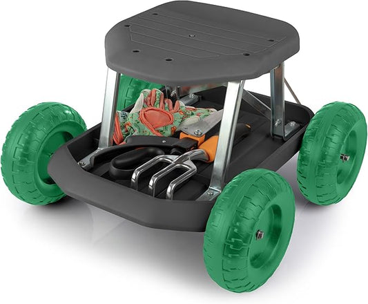 Gardening Stool - Rolling Garden Seat with Wheels and Storage Tool Tray - Garden Cart Scooter - Yard Tools by Pure Garden (Black and Green)