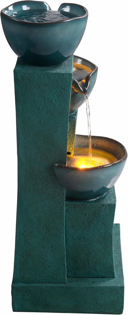 Teamson Home 28.54 in. 3-Tier Cascading Outdoor Water Fountain, Green | LED Lights, For Gardens, For Landscaping, For Patios, For Balconies