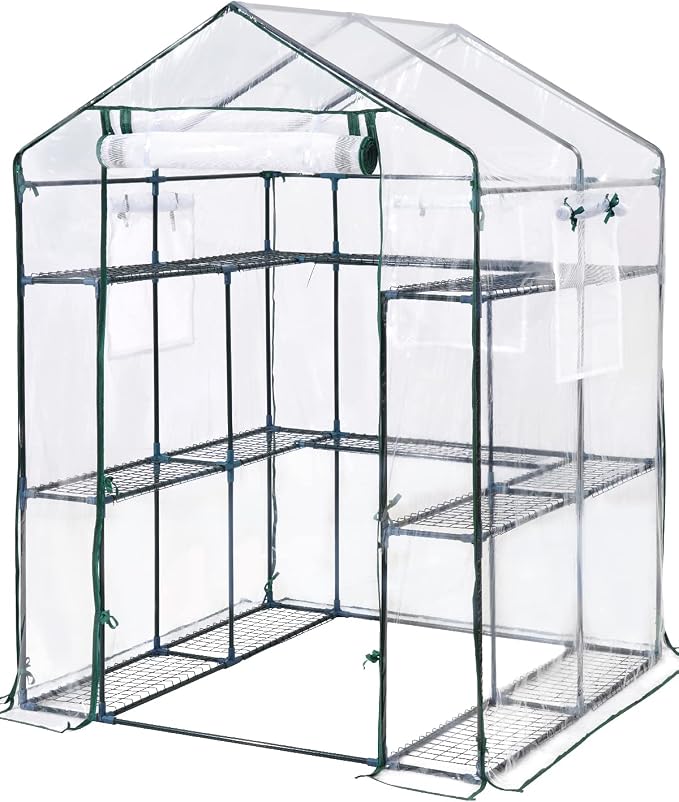 KING BIRD Premium Greenhouse for Outdoors, 56x56x77 in Walk-in Hot House with Thickened Cover, Reinforced Frame, Screen Windows & Mesh Door, 3 Tiers 14 Shelves for Outside Garden Seedlings, Clear