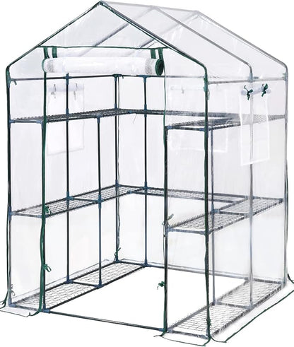 KING BIRD Premium Greenhouse for Outdoors, 56x56x77 in Walk-in Hot House with Thickened Cover, Reinforced Frame, Screen Windows & Mesh Door, 3 Tiers 14 Shelves for Outside Garden Seedlings, Clear