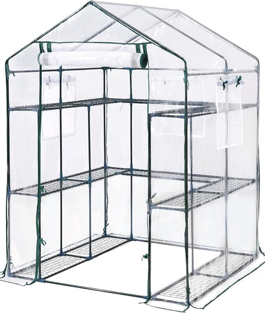 KING BIRD Premium Greenhouse for Outdoors, 56x56x77 in Walk-in Hot House with Thickened Cover, Reinforced Frame, Screen Windows & Mesh Door, 3 Tiers 14 Shelves for Outside Garden Seedlings, Clear