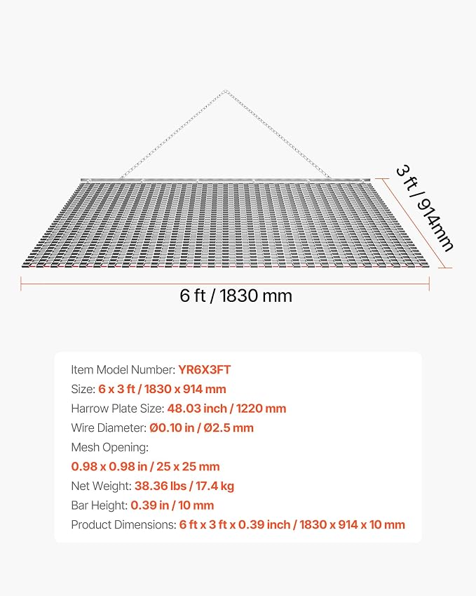 VEVOR Drag Harrow, 6 x 3 ft, High-Efficiency Chain Harrow Rake, ATVs UTVs Tractors Attachments, Durable Galvanized Steel Mesh Drag Mat with Towing Chain, for Gravel Driveway Ruts Farm Field Leveling