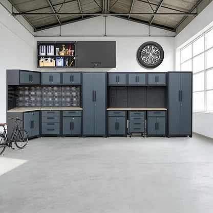 Garage Cabinets and Storage System, 17PCS Garage Storage Cabinet System Corner Workshop Set with Corner Cabinet, Cabinet Drawers, Workbench, Pegboard for Tool Organization, Black Grey