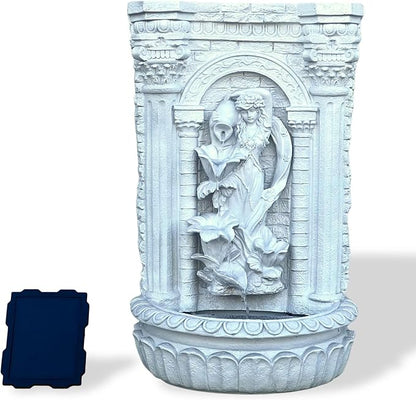 XBrand 30.3" Solar-Powered Outdoor Wall Fountain with Flower Maiden Statue, Antique Stone Waterfall Design for Garden, Yard Décor & Bird Bath, Polyresin