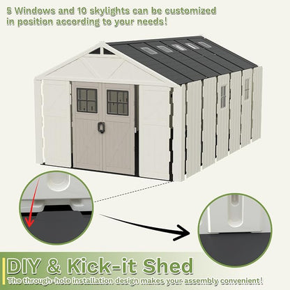 Greesum 10X16FT Plastic Outdoor Storage Shed with Floor and Lockable Door, Resin Sheds with 8-Windows and Multiple Skylights, HDPE Kick-it Shed for Garden, Patio, Backyard, Beige