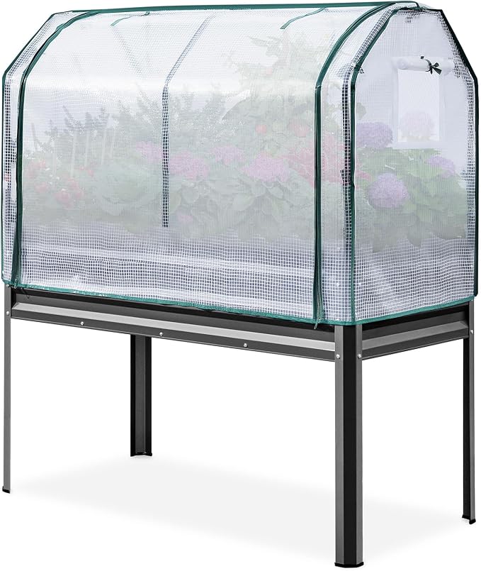 KING BIRD Large Raised Garden Bed with Cover Galvanized Elevated Planter Box with Legs 48×24×56 in for Backyard, Patio, Balcony, 700lb Capacity, Dark Grey