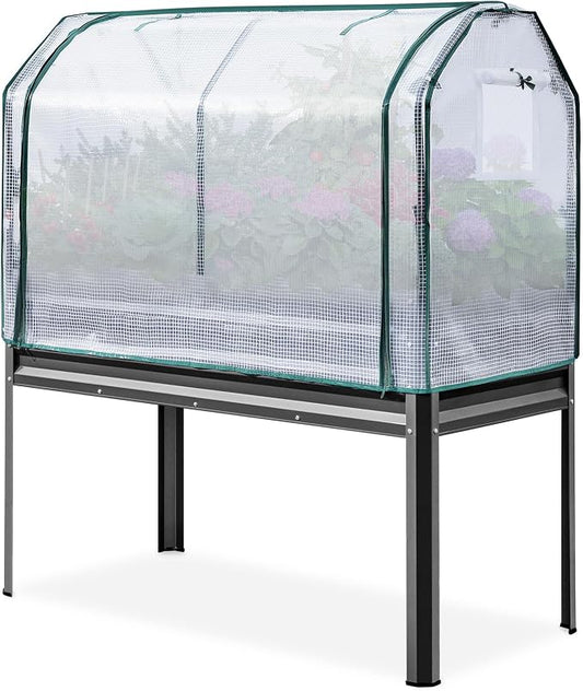 KING BIRD Large Raised Garden Bed with Cover Galvanized Elevated Planter Box with Legs 48×24×56 in for Backyard, Patio, Balcony, 700lb Capacity, Dark Grey
