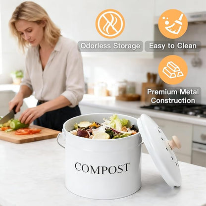 Compost Bin - 1 Gallon Countertop Composter with Lid, Charcoal Filters, Rust Proof Indoor Food Waste Bin