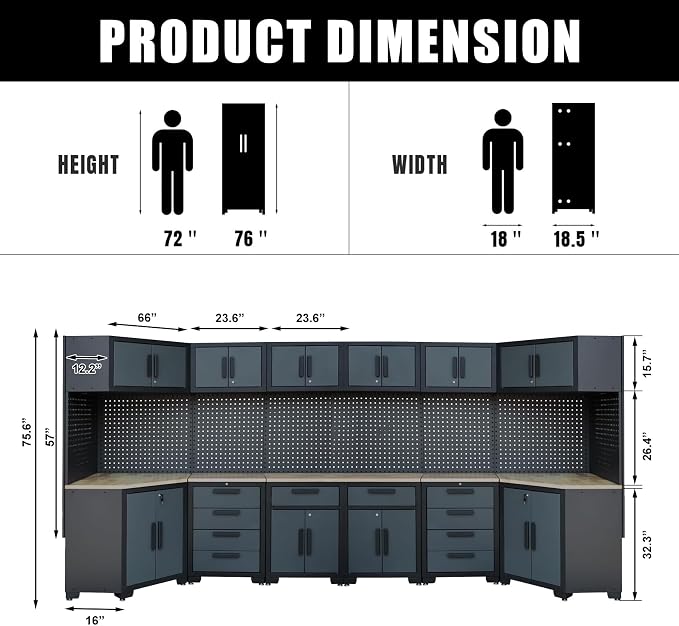 Garage Storage Cabinet System,2×8Pcs Garage Cabinets and Storage System Corner Workshop Set with Corner Cabinet, Cabinet Drawers, Workbench, Pegboard for Tool Organization, Black and Grey