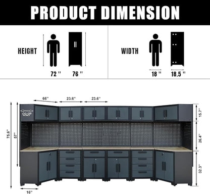 Garage Storage Cabinet System,2×8Pcs Garage Cabinets and Storage System Corner Workshop Set with Corner Cabinet, Cabinet Drawers, Workbench, Pegboard for Tool Organization, Black and Grey