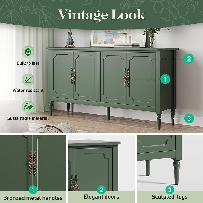 RoyalCraft 118" Buffet Cabinet with Storage, Vintage Sideboard with Adjustable Shelves, Mid Century Modern Painted Credenza Coffee Bar for Kitchen, Dining Room, Entryway, Living Room, Forest Green