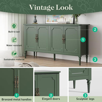 RoyalCraft 118" Buffet Cabinet with Storage, Vintage Sideboard with Adjustable Shelves, Mid Century Modern Painted Credenza Coffee Bar for Kitchen, Dining Room, Entryway, Living Room, Forest Green