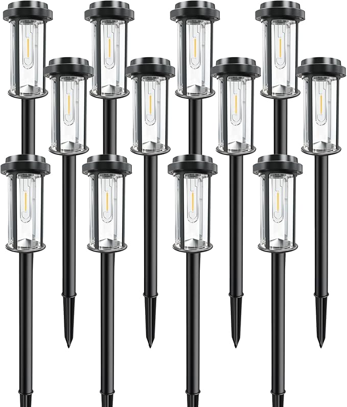 DERAYSION 12 Pack Solar Lights Outdoor, 21" Solar Pathway Lights Auto On/Off Waterproof Garden Lights for Path, Yard, Walkway, Driveway Decor, Cool White