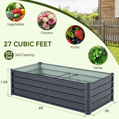 Ohuhu 6x3x1.5 FT Metal Raised Garden Bed Outdoor, Reinforced Galvanized Steel Rustproof Planter Box, 100% Non-Toxic, 202 Gal Large Capacity Heavy Duty Raised Beds for Growing Vegetables Flowers Herbs