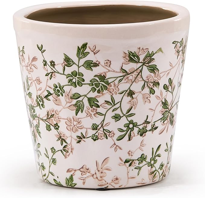 Teweiqi Ceramic Planter with Drainage Hole, Plastic Tray & Mesh, 6 Inch - Indoor/Outdoor Flower Pot for Orchids, Succulents, Green Floral Modern Farmhouse Décor for Home,Office and Garden, Ideal Gift