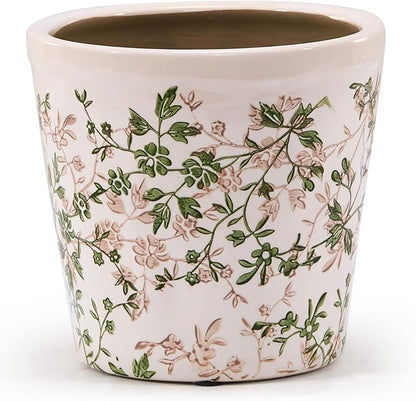 Teweiqi Ceramic Planter with Drainage Hole, Plastic Tray & Mesh, 6 Inch - Indoor/Outdoor Flower Pot for Orchids, Succulents, Green Floral Modern Farmhouse Décor for Home,Office and Garden, Ideal Gift