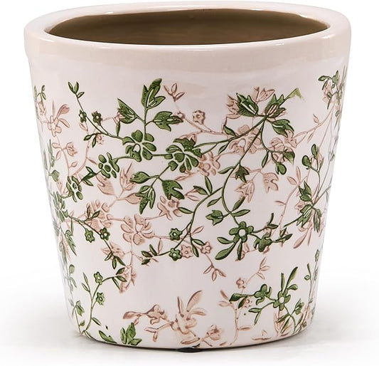 Teweiqi Ceramic Planter with Drainage Hole, Plastic Tray & Mesh, 6 Inch - Indoor/Outdoor Flower Pot for Orchids, Succulents, Green Floral Modern Farmhouse Décor for Home,Office and Garden, Ideal Gift