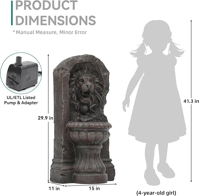 AUTODAYA 30" Lion Head Outdoor Fountain LED Cascading Waterfall, Bronze | Rustic Stone Pedestal,faux bronze granite texture,garden patio yard decor