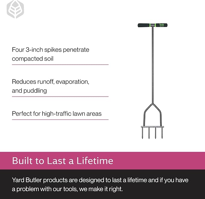 Yard Butler Spike Aerator - Durable Lawn Aerator for Easy Lawn Care & Healthy Growth - Prevent Lawn Damage by Breaking Up Compaction - Ergonomic Gardening Tool