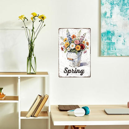 Vintage Spring Metal Tin Sign Wall Decor,Floral Bouquet Wall Art Sign for Home Porch Garden Yard Indoor Outdoor Wall Decor