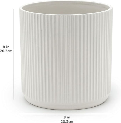 Amazon Basics Fluted Ceramic Planter Pot for Indoor Outdoor Plants, Round Flower Pot with Drainage Hole, 8-inch, White
