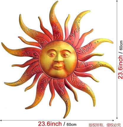 Large Metal Sun Wall Art Decor - 23.6 Inches Rustic Retro Hanging Decoration for Indoor Outdoor, Home Garden Farmhouse Yard Patio Fence Living Room Bedroom (Gold)
