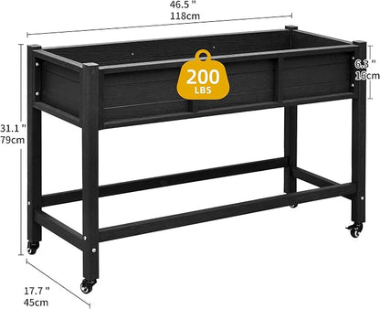 DWVO Raised Garden Bed HDPE with Wheels 47x18x31in Weather-Resistant Poly Wood Raised Planter Box Outdoor with Legs, Elevated Planter Box for Patio Balcony Backyard, Black