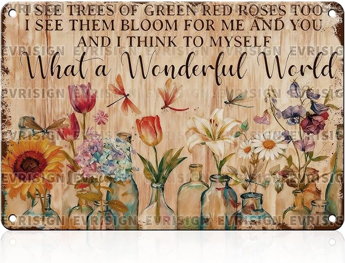 Vintage Metal Signs Garden Wall Decor What A Wonderful World Flowers Tin Sign Patio Plant Art Retro Poster Wall Decor for Yard Fence Garden Outdoor 8x12inch