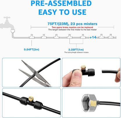MIXC Misters for Outside Patio, 75FT (23M) Misting Line+23 Mist Nozzles+3/4" Brass Adapter, Outdoor Misting Cooling System for Patio Backyard Garden Greenhouse Horse Corral