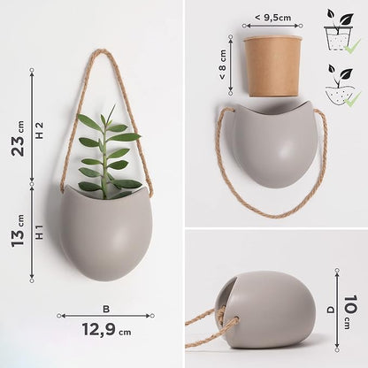 Kazai. Wall Planters -Ellie- | Hanging Ceramic Plant Pots 3 Pieces | Wall Decoration for Indoors, Balcony and Garden | Light Gray (Matte)