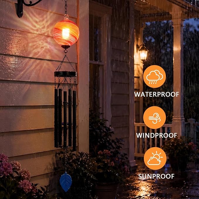 MUMTOP Solar Wind Chime for Outsides, 35" Glass Windchimes with Solar LED Lights Decorative Hanging Wind Bell for Porch Patio and Garden Decor, Orange