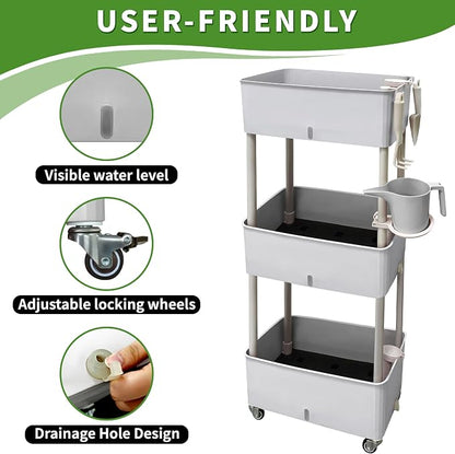 Self-Watering Raised Planter Box with Lockable Wheels,3-Tier Elevated Garden Bed with Visible Water Level Window,Indoor Outdoor Plastic Plant Box for Flowers,Vegetables & Herbs