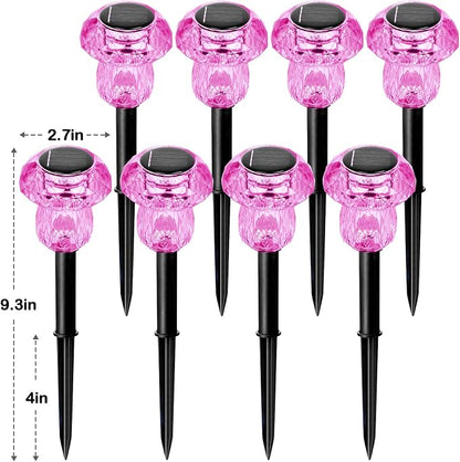 Solar Pathway Lights Outdoor 8 Pack Pink Garden Mushroom Decor | Waterproof Garden Outside Yard Walkway Landscape Path Lighting, LED Auto On/Off Decorations, Acrylic Diamond-like Lampshade