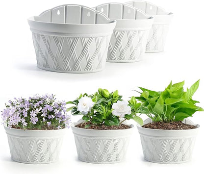 Sungmor Wall Hanging Planters,11.5 Inch Hanging Flower Pots for Railing Fence - Indoor Outdoor Balcony Wall Hanging Basket, Plastic Plant Pot Container - Half Round & 3PC Pack & Grey White