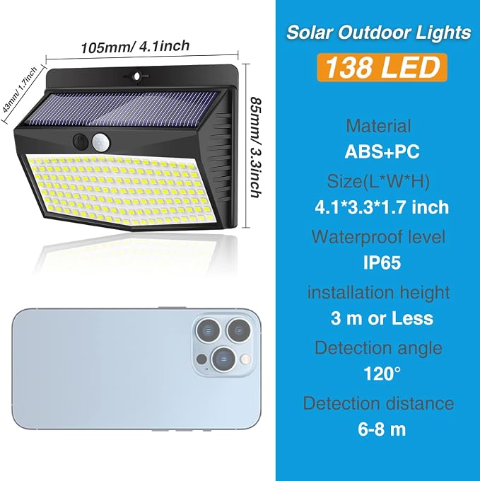 Solar Outdoor Lights, [138 LED/4 Packs] Solar Motion Sensor Security Lights with 3 Lighting Modes Solar Wall Lights Waterproof Solar Powered Lights for Garden Fence Yard Deck Garage
