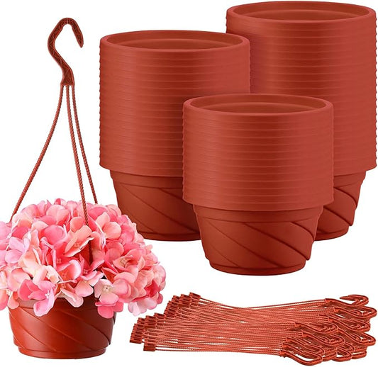 Tioncy 50 Pcs Plastic Hanging Planter Round Hanging Pot for Plants Containers with Hook Flower Plant Pots Holders for Outdoor Indoor Plant Balcony Garden Decor(Coffee,6.7inch)