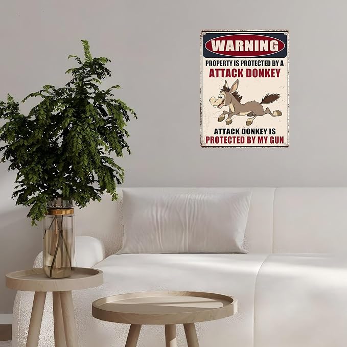 Metal Tin Sign Vintage Retro Wall Decor Warning Beware of Donkey Property Is Protected By a Attack Donkey Funny Tin Sign for Home Backyard Garden Patio 12 * 16inch