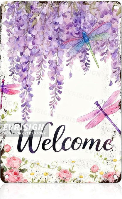 Dragonfly Hello Spring Floral Metal Tin Sign Happy Spring Garden Decor For Spring Decor Lovers Colorful Flowers Home Yard Patio Outdoor Wall Art Sign 8x12inch