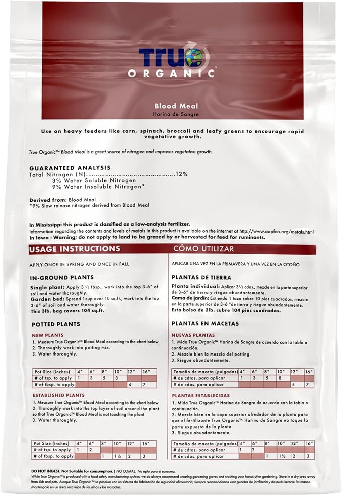 True Organic Blood Meal – High-Nitrogen Organic Fertilizer for Rapid Vegetative Growth – 3lb Bag Covers 104 Sq. Ft.