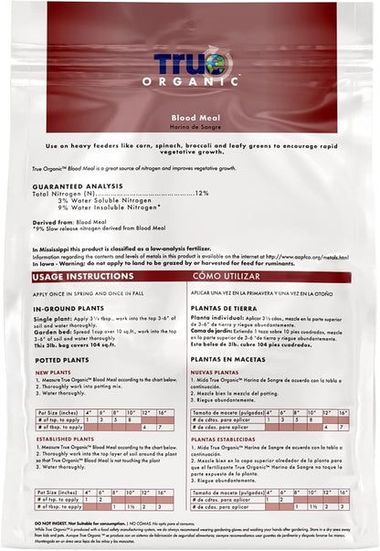 True Organic Blood Meal – High-Nitrogen Organic Fertilizer for Rapid Vegetative Growth – 3lb Bag Covers 104 Sq. Ft.