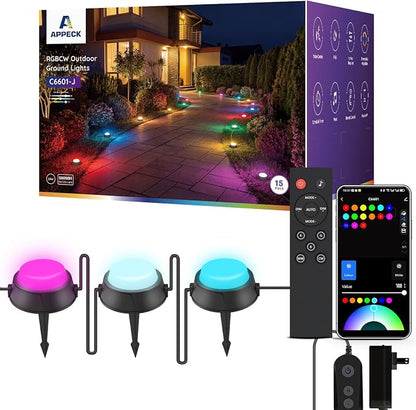 APPECK Outdoor Ground Lights 15 Pack, 32FT RGBCW Color Changing Pathway Lights Waterproof, 2200-6500K CCT Landscape Lighting, for Path Garden Lawn Patio Holiday Party Decor, Compatible with Alexa